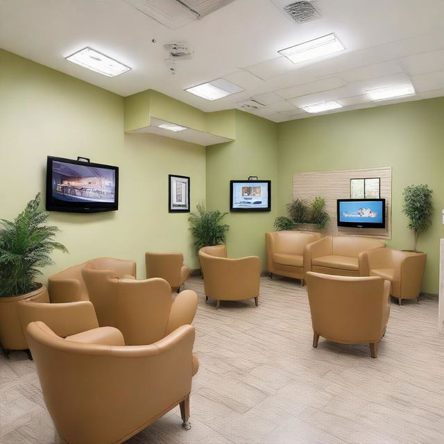 A large, inviting waiting room of a dental clinic with 15 comfortable chairs neatly arranged. The room also contains a flat-screen TV, magazine racks, plants for a calming ambiance, kid-friendly corner, and tasteful decor.