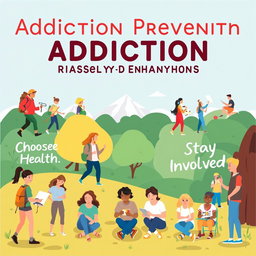 An educational poster on addiction prevention and risky behaviors, featuring vibrant illustrations of healthy lifestyle choices, such as sports, art, and community engagement