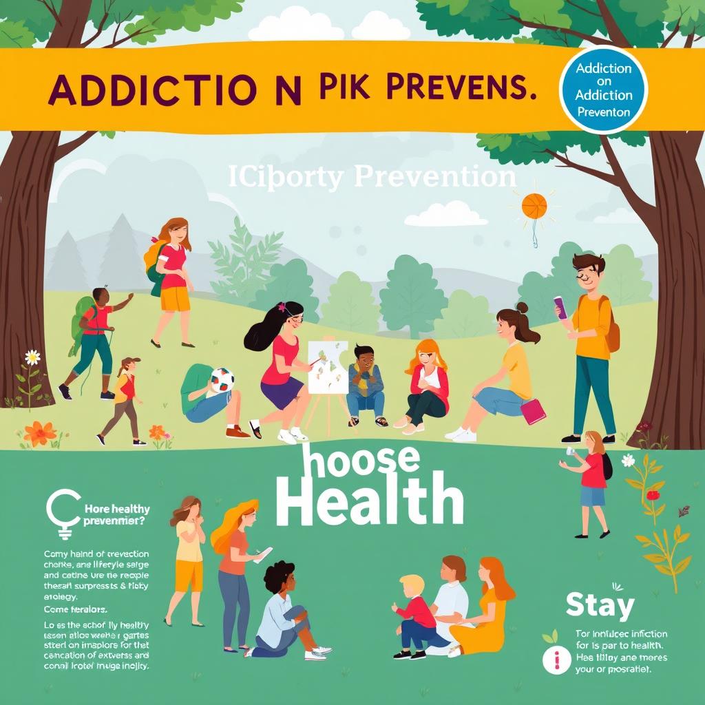 An educational poster on addiction prevention and risky behaviors, featuring vibrant illustrations of healthy lifestyle choices, such as sports, art, and community engagement