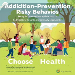 An educational poster on addiction prevention and risky behaviors, featuring vibrant illustrations of healthy lifestyle choices, such as sports, art, and community engagement