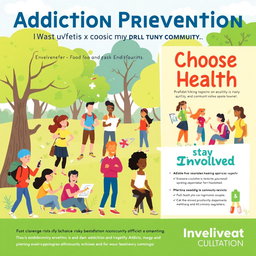 An educational poster on addiction prevention and risky behaviors, featuring vibrant illustrations of healthy lifestyle choices, such as sports, art, and community engagement
