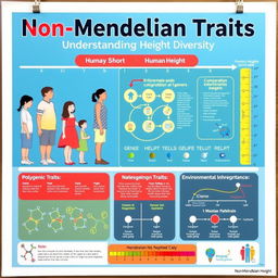 A vibrant educational poster illustrating non-Mendelian traits, with a focus on human height variation