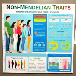 A vibrant educational poster illustrating non-Mendelian traits, with a focus on human height variation