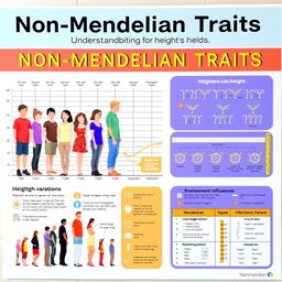 A vibrant educational poster illustrating non-Mendelian traits, with a focus on human height variation