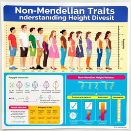 A vibrant educational poster illustrating non-Mendelian traits, with a focus on human height variation