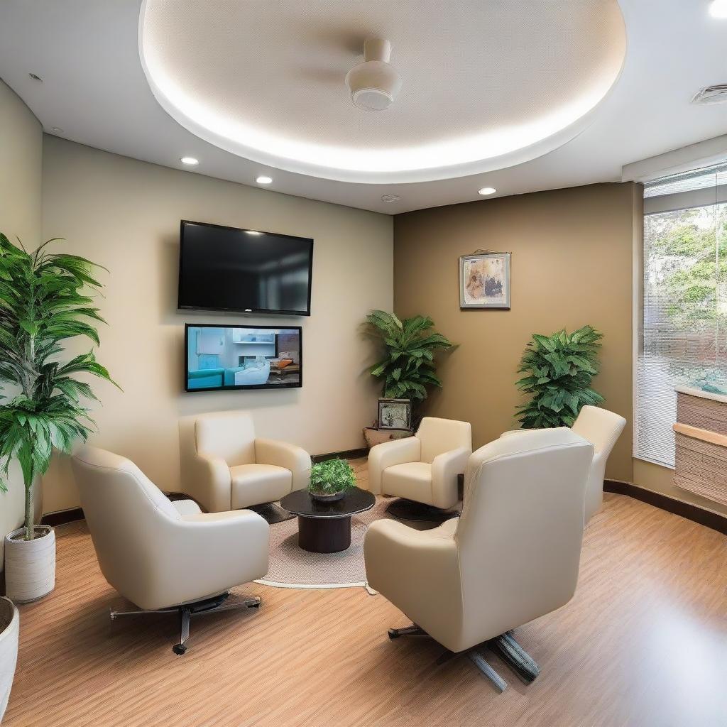 A large, inviting waiting room of a dental clinic with 15 comfortable chairs neatly arranged. The room also contains a flat-screen TV, magazine racks, plants for a calming ambiance, kid-friendly corner, and tasteful decor.