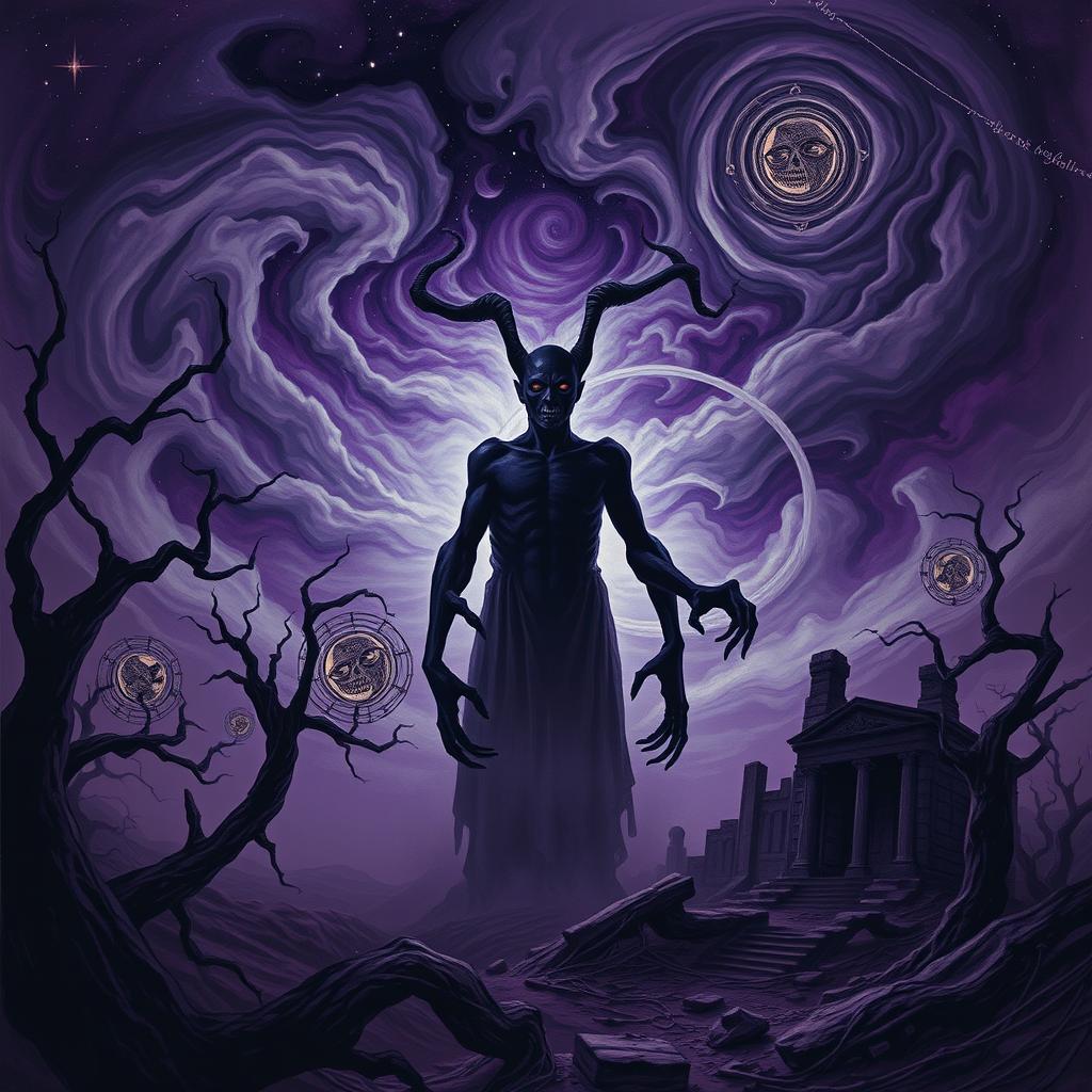A dark, mysterious figure representing Nyarlathotep, the Crawling Chaos, emerges from a swirling, shadowy mist