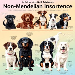 A vibrant and educational poster illustrating non-Mendelian inheritance with a focus on dog coat colors