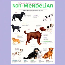 A vibrant and educational poster illustrating non-Mendelian inheritance with a focus on dog coat colors