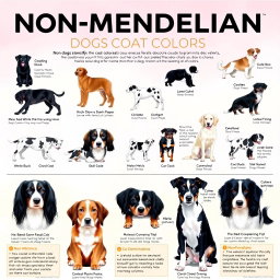 A vibrant and educational poster illustrating non-Mendelian inheritance with a focus on dog coat colors