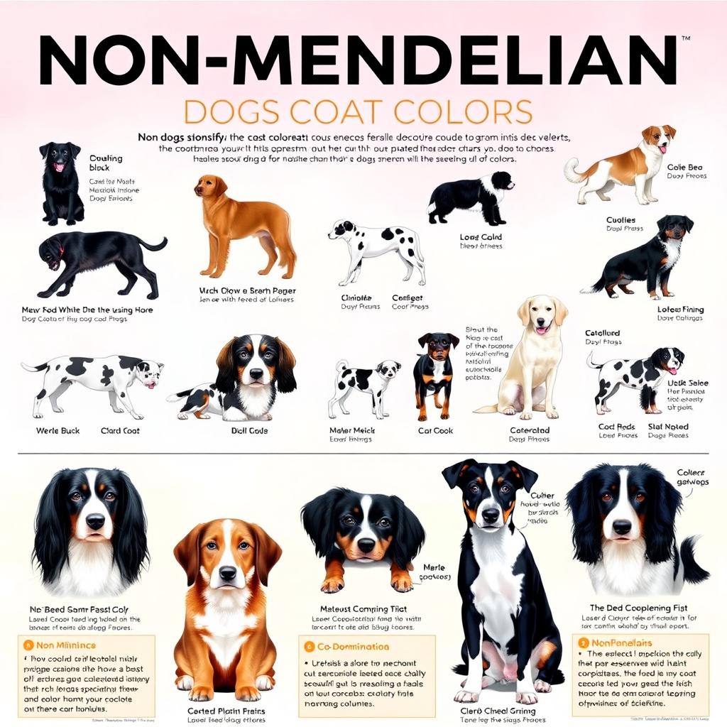 A vibrant and educational poster illustrating non-Mendelian inheritance with a focus on dog coat colors