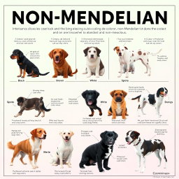 A vibrant and educational poster illustrating non-Mendelian inheritance with a focus on dog coat colors