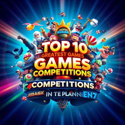 A visually stunning poster representing the top 10 greatest games competitions on the planet, featuring iconic elements associated with each competition such as logos, trophies, and popular game characters