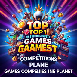 A visually stunning poster representing the top 10 greatest games competitions on the planet, featuring iconic elements associated with each competition such as logos, trophies, and popular game characters