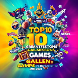 A visually stunning poster representing the top 10 greatest games competitions on the planet, featuring iconic elements associated with each competition such as logos, trophies, and popular game characters