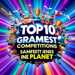 A visually stunning poster representing the top 10 greatest games competitions on the planet, featuring iconic elements associated with each competition such as logos, trophies, and popular game characters