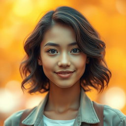 A stunning high-resolution portrait with a vibrant background, featuring a confident and approachable individual with medium-length wavy hair and expressive eyes