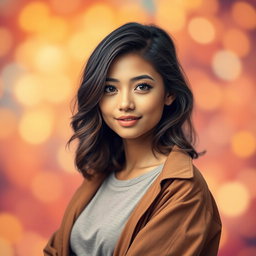 A stunning high-resolution portrait with a vibrant background, featuring a confident and approachable individual with medium-length wavy hair and expressive eyes