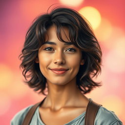 A stunning high-resolution portrait with a vibrant background, featuring a confident and approachable individual with medium-length wavy hair and expressive eyes