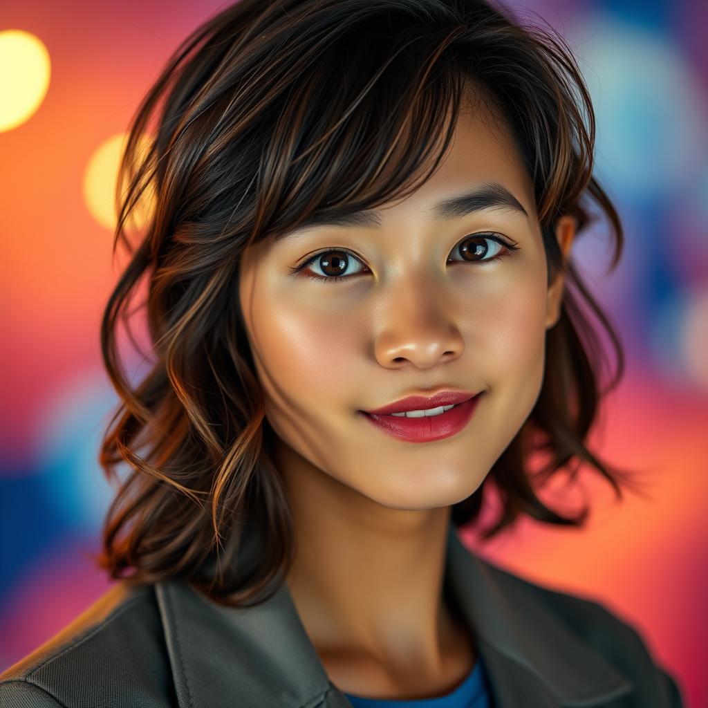 A stunning high-resolution portrait with a vibrant background, featuring a confident and approachable individual with medium-length wavy hair and expressive eyes