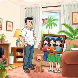 A touching illustration depicting a family split between two countries