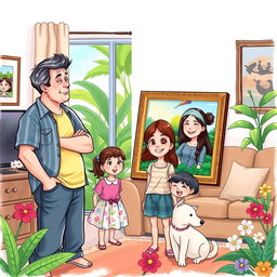 A touching illustration depicting a family split between two countries