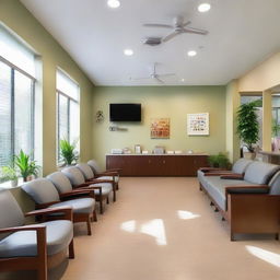 A large, inviting waiting room of a dental clinic with 15 comfortable chairs neatly arranged. The room also contains a flat-screen TV, magazine racks, plants for a calming ambiance, kid-friendly corner, and tasteful decor.