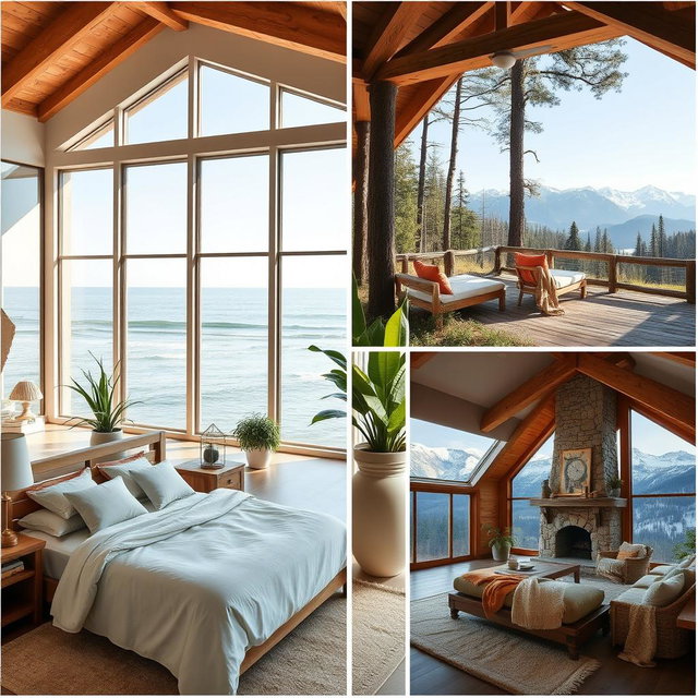 A collection of beautifully designed bedrooms in various scenic settings