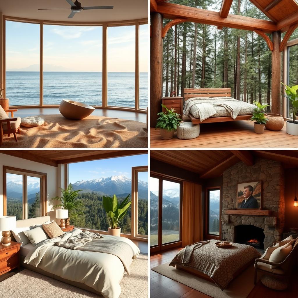 A collection of beautifully designed bedrooms in various scenic settings