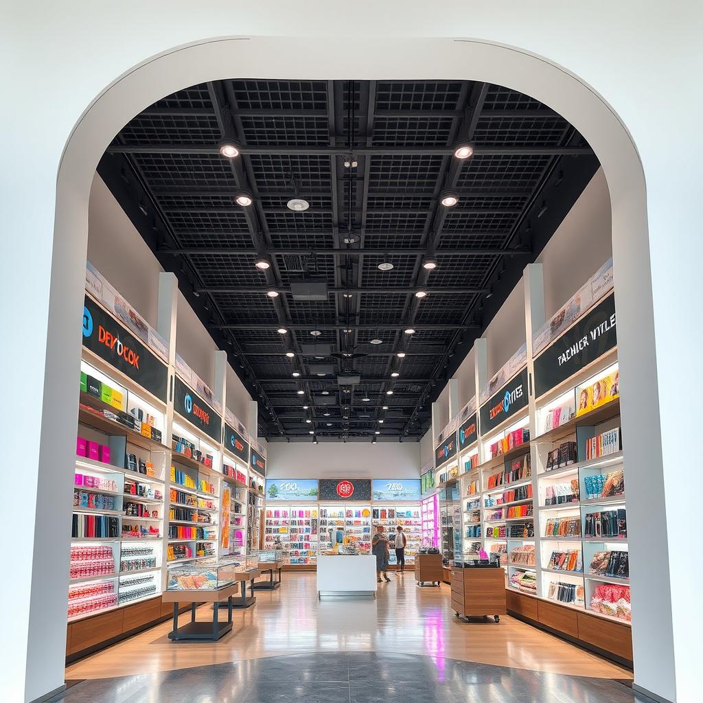 A spacious shop interior, featuring a ceiling that is both decorative and functional within a 70 square meter layout