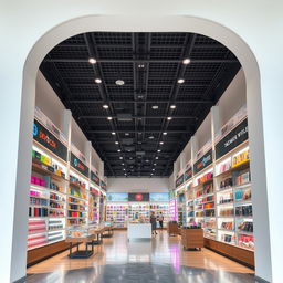 A spacious shop interior, featuring a ceiling that is both decorative and functional within a 70 square meter layout