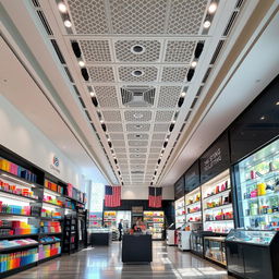 A spacious shop interior, featuring a ceiling that is both decorative and functional within a 70 square meter layout