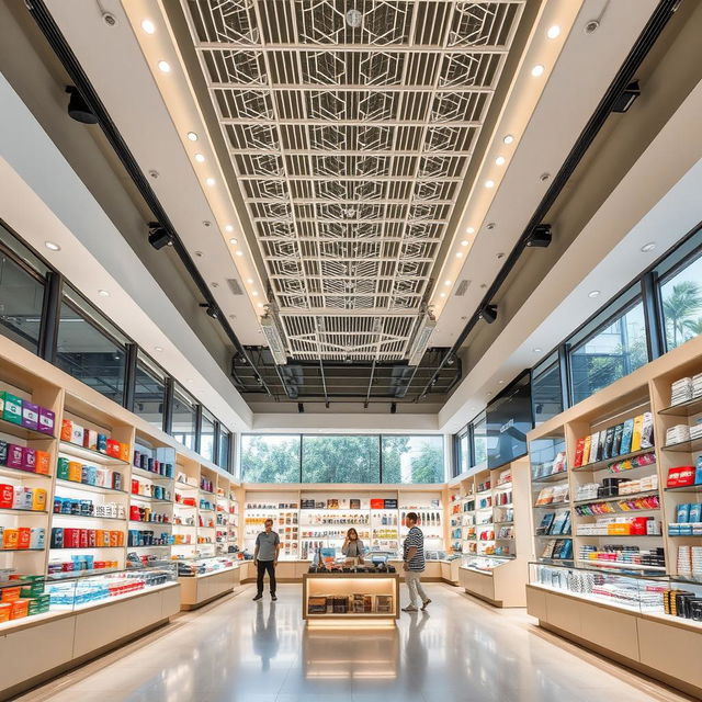 A spacious shop interior, featuring a ceiling that is both decorative and functional within a 70 square meter layout