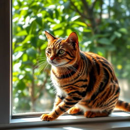 A majestic domestic cat showcasing a striking resemblance to a tiger, featuring bold orange and black stripes