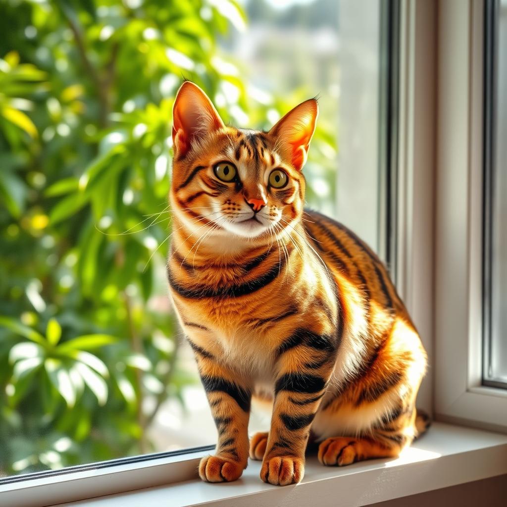 A majestic domestic cat showcasing a striking resemblance to a tiger, featuring bold orange and black stripes
