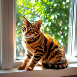 A majestic domestic cat showcasing a striking resemblance to a tiger, featuring bold orange and black stripes