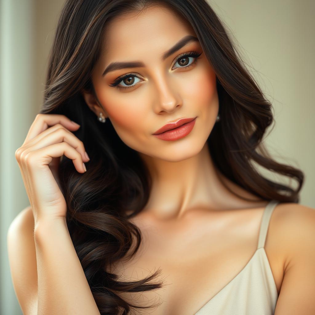 A close-up portrait of a woman with elegant features, gently tucking her long, flowing hair behind her ear