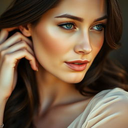 A close-up portrait of a woman with elegant features, gently tucking her long, flowing hair behind her ear