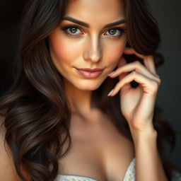A close-up portrait of a woman with elegant features, gently tucking her long, flowing hair behind her ear