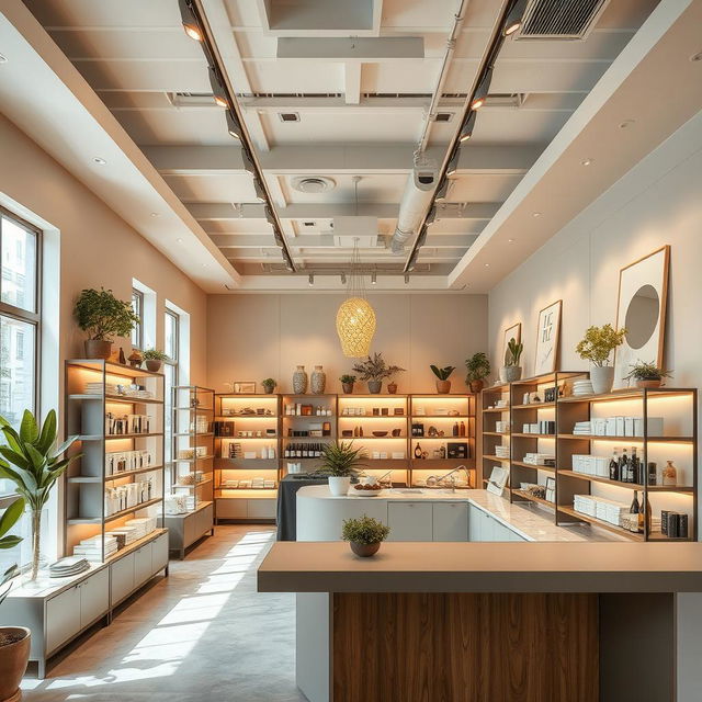 A detailed interior view of a shop with a ceiling, showcasing a stylish design, occupying an area of 70 square meters