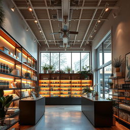 A detailed interior view of a shop with a ceiling, showcasing a stylish design, occupying an area of 70 square meters