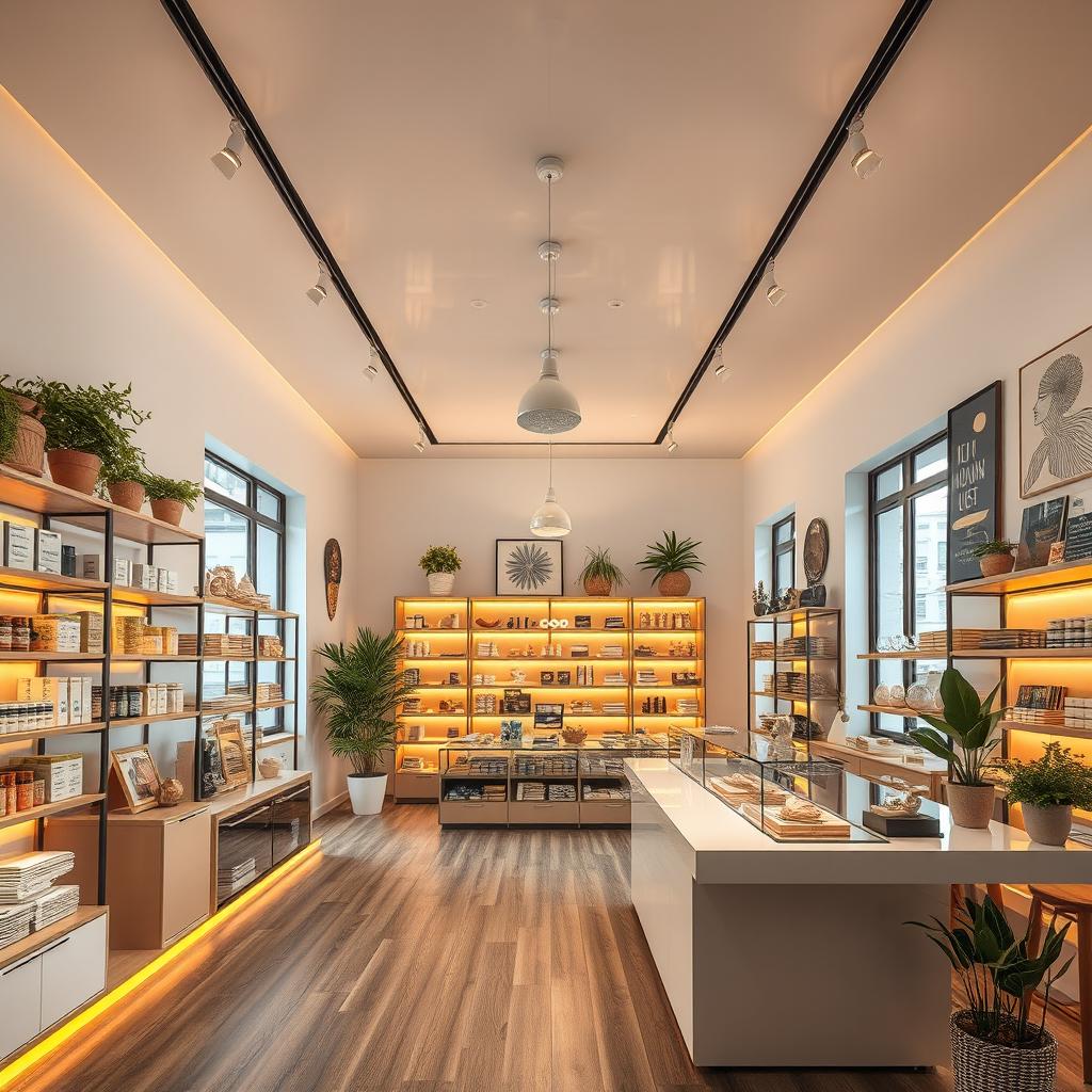 A detailed interior view of a shop with a ceiling, showcasing a stylish design, occupying an area of 70 square meters