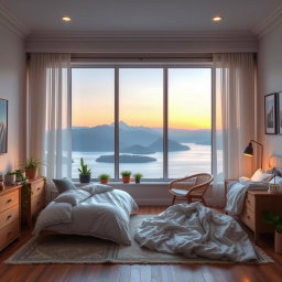 A beautifully designed scenic bedroom, featuring large windows with a breathtaking view of a serene lake surrounded by mountains at sunrise