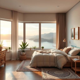 A beautifully designed scenic bedroom, featuring large windows with a breathtaking view of a serene lake surrounded by mountains at sunrise