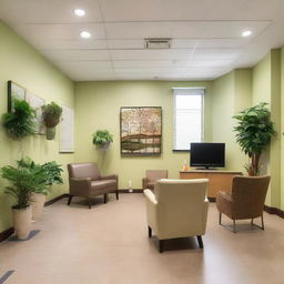 A large, inviting waiting room of a dental clinic with 15 comfortable chairs neatly arranged. The room also contains a flat-screen TV, magazine racks, plants for a calming ambiance, kid-friendly corner, and tasteful decor.