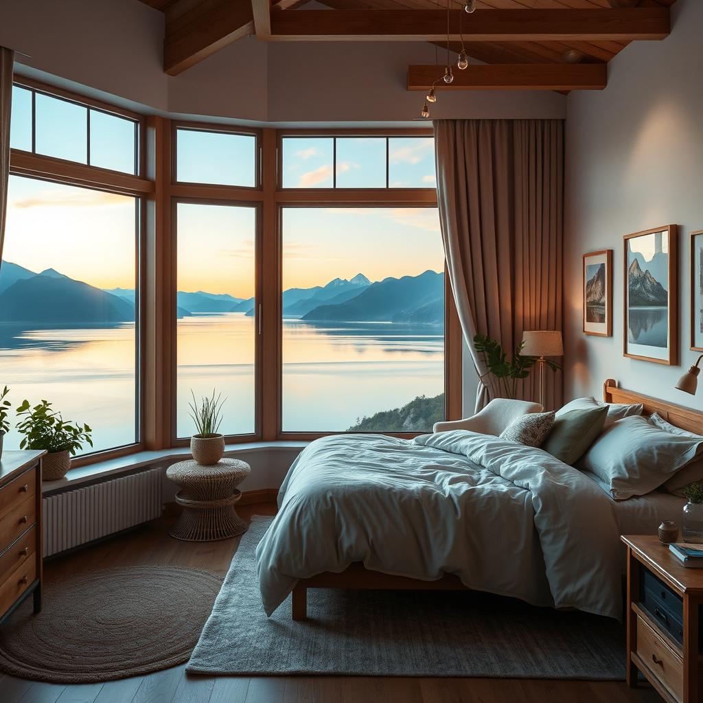Scenic Bedroom Design: Tranquil Lakeside Views and Cozy Ambiance