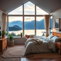 A beautifully designed scenic bedroom, featuring large windows with a breathtaking view of a serene lake surrounded by mountains at sunrise