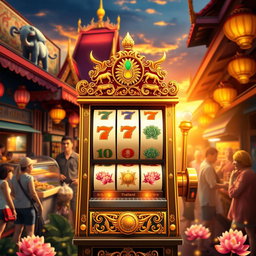 A vibrant and colorful scene depicting a slot machine in Thailand, adorned with traditional Thai motifs and symbols like elephants and lotus flowers