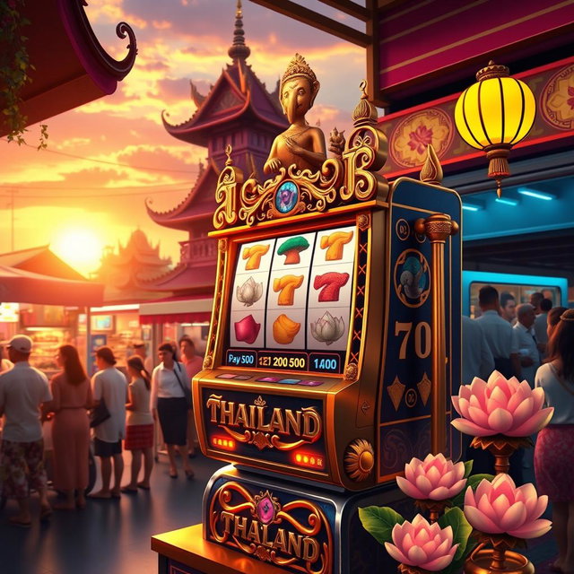 A vibrant and colorful scene depicting a slot machine in Thailand, adorned with traditional Thai motifs and symbols like elephants and lotus flowers