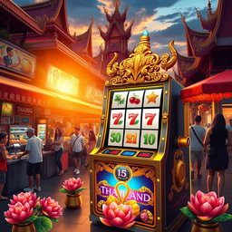 A vibrant and colorful scene depicting a slot machine in Thailand, adorned with traditional Thai motifs and symbols like elephants and lotus flowers